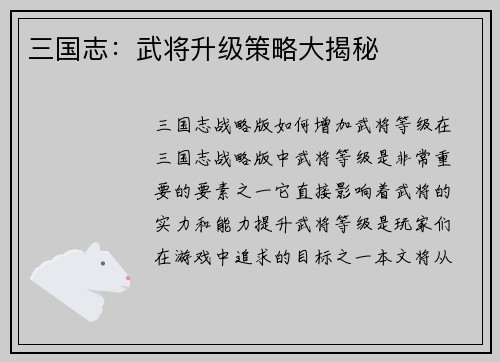 三国志：武将升级策略大揭秘